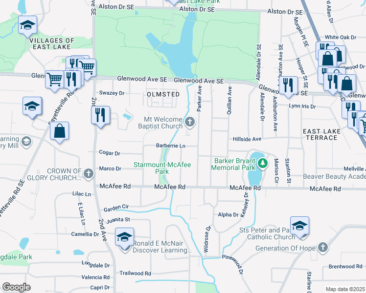 map of restaurants, bars, coffee shops, grocery stores, and more near 2099 Barberrie Lane in Decatur