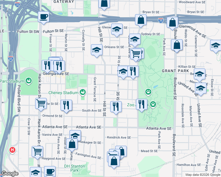 map of restaurants, bars, coffee shops, grocery stores, and more near 716 Hill Street Southeast in Atlanta