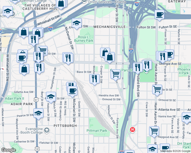 map of restaurants, bars, coffee shops, grocery stores, and more near 723 Cooper Street Southwest in Atlanta
