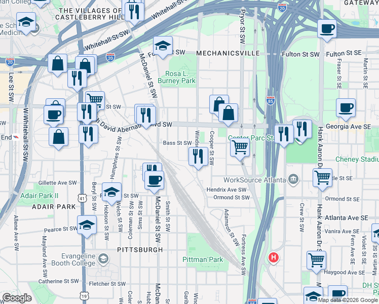 map of restaurants, bars, coffee shops, grocery stores, and more near 732 Garibaldi Street Southwest in Atlanta