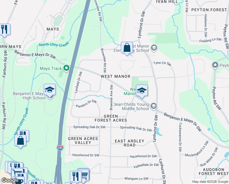 map of restaurants, bars, coffee shops, grocery stores, and more near 758 Braemar Avenue Southwest in Atlanta