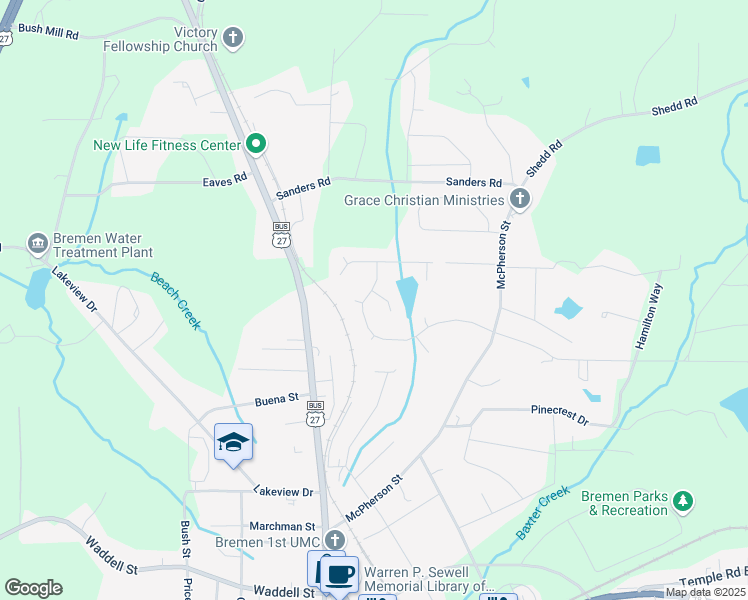 map of restaurants, bars, coffee shops, grocery stores, and more near 138 Watson Drive in Bremen