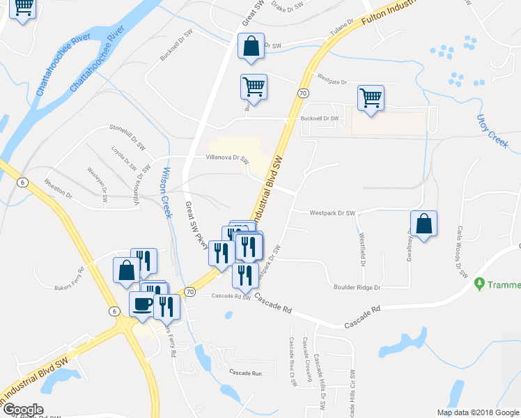 map of restaurants, bars, coffee shops, grocery stores, and more near 5568 Georgia 70 in Atlanta