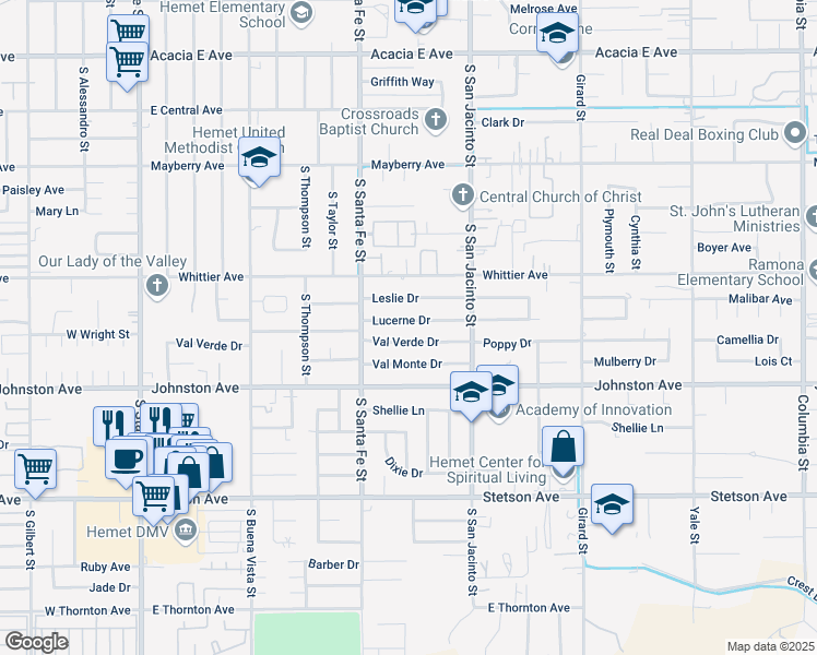 map of restaurants, bars, coffee shops, grocery stores, and more near 1061 Lucerne Dr in Hemet