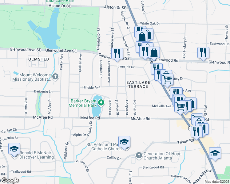 map of restaurants, bars, coffee shops, grocery stores, and more near 1925 Stanton Street in Decatur