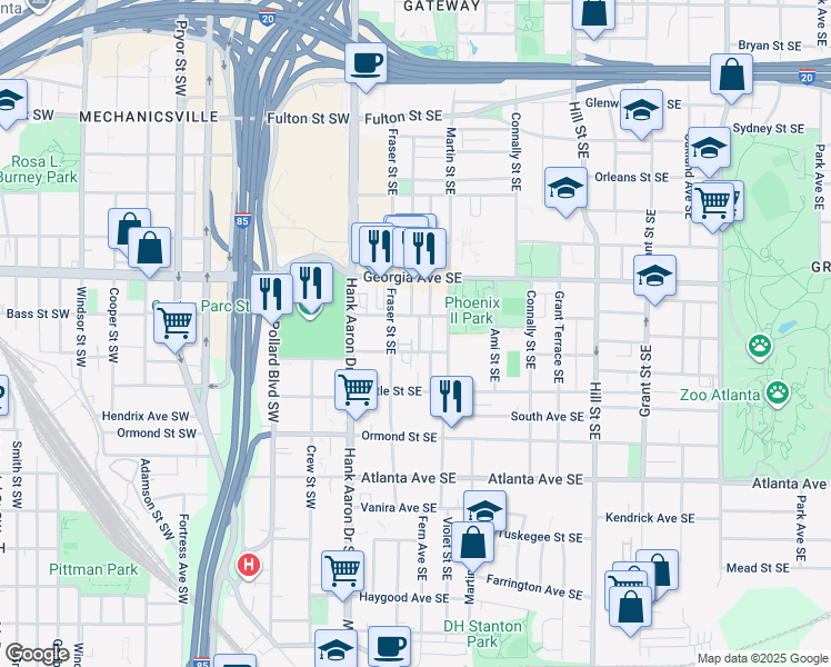 map of restaurants, bars, coffee shops, grocery stores, and more near 723 Reed Street Southeast in Atlanta