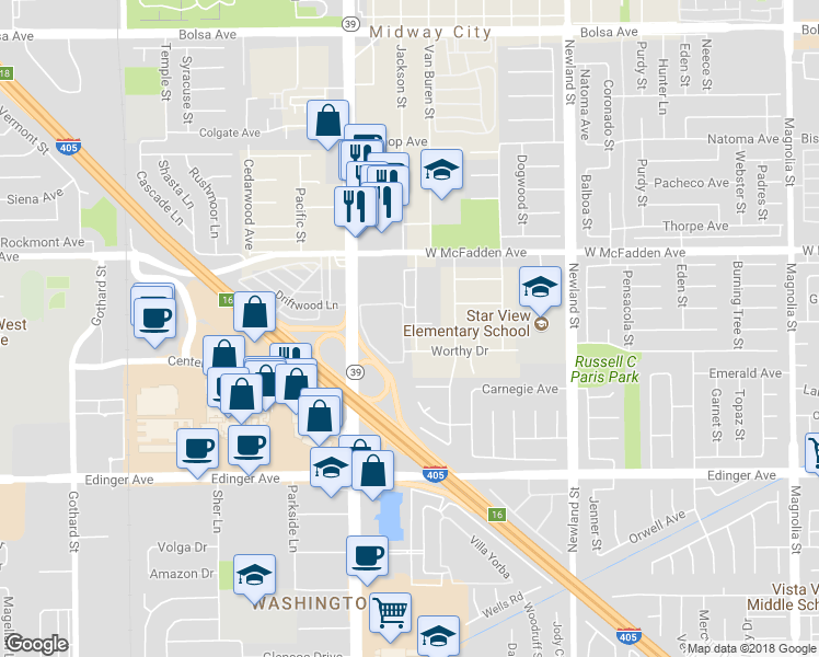 map of restaurants, bars, coffee shops, grocery stores, and more near 15661 Van Buren Street in Midway City