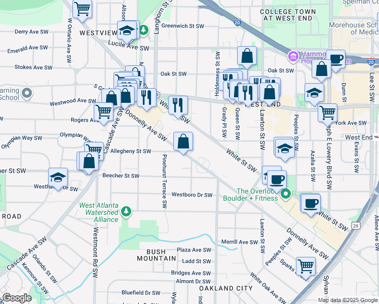 map of restaurants, bars, coffee shops, grocery stores, and more near 1295 Donnelly Avenue Southwest in Atlanta