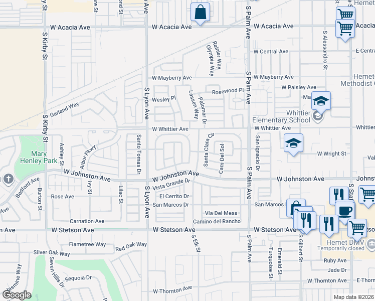 map of restaurants, bars, coffee shops, grocery stores, and more near 795 South Elk Street in Hemet