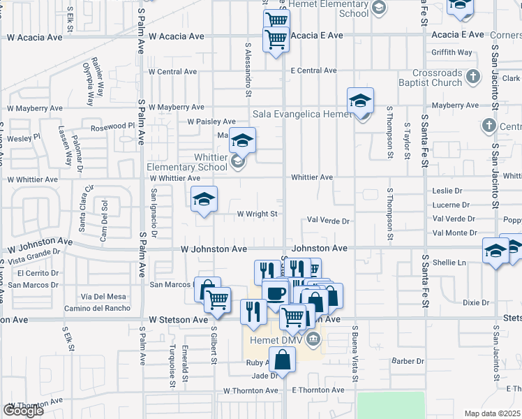 map of restaurants, bars, coffee shops, grocery stores, and more near 220 West Wright Street in Hemet