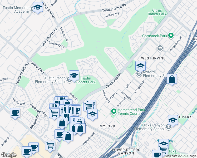 map of restaurants, bars, coffee shops, grocery stores, and more near 2910 Robinson Drive in Tustin