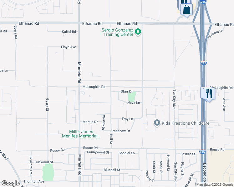 map of restaurants, bars, coffee shops, grocery stores, and more near 26295 Starr Drive in Menifee