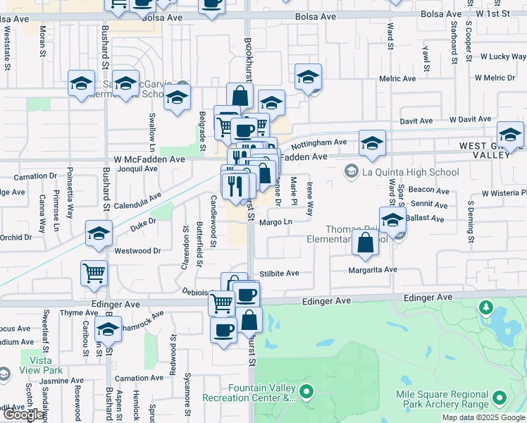 map of restaurants, bars, coffee shops, grocery stores, and more near 15691 Patrice Avenue in Westminster