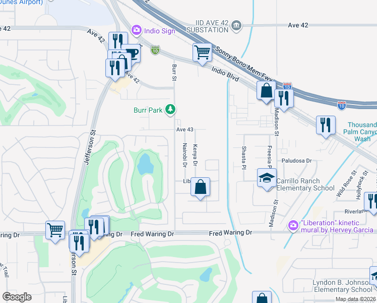 map of restaurants, bars, coffee shops, grocery stores, and more near 43214 Nairobi Drive in Indio