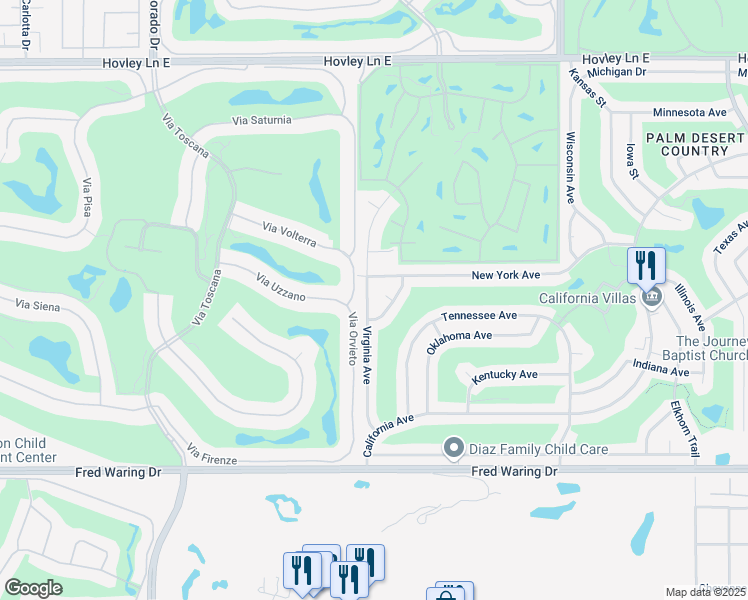 map of restaurants, bars, coffee shops, grocery stores, and more near 43210 Virginia Avenue in Palm Desert