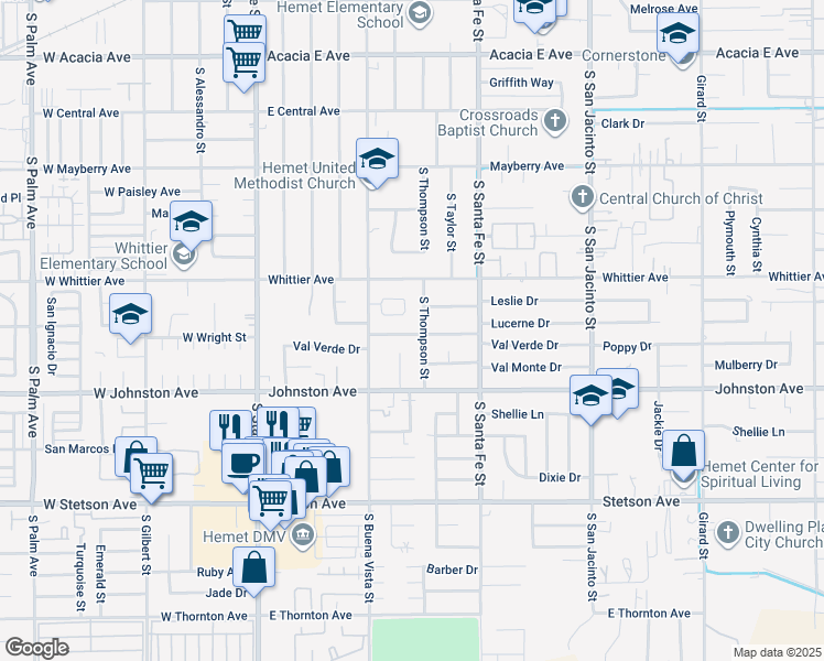 map of restaurants, bars, coffee shops, grocery stores, and more near 630 East Wright Street in Hemet