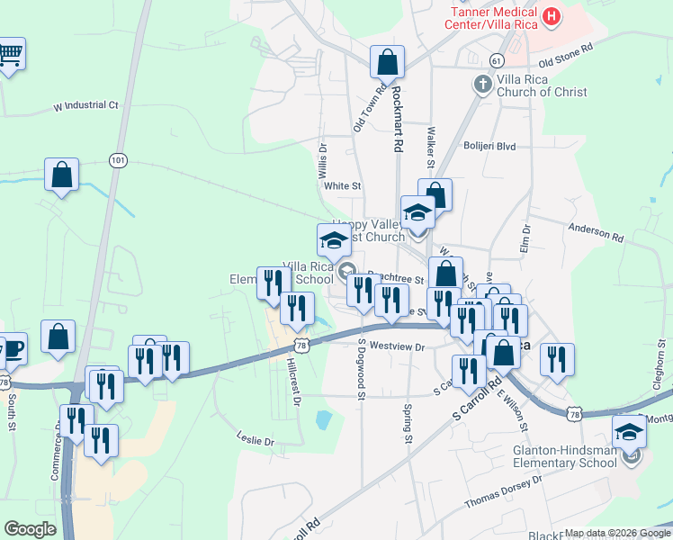 map of restaurants, bars, coffee shops, grocery stores, and more near 313 Peachtree Street in Villa Rica
