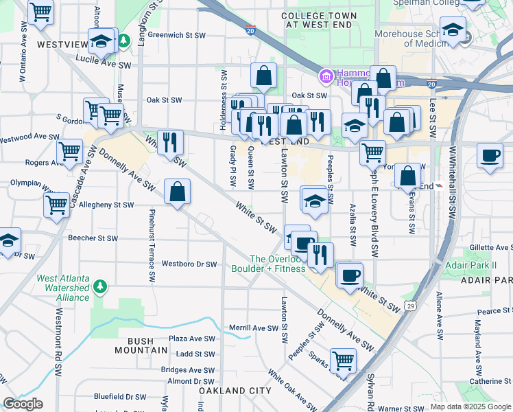 map of restaurants, bars, coffee shops, grocery stores, and more near 732 Queen Street Southwest in Atlanta