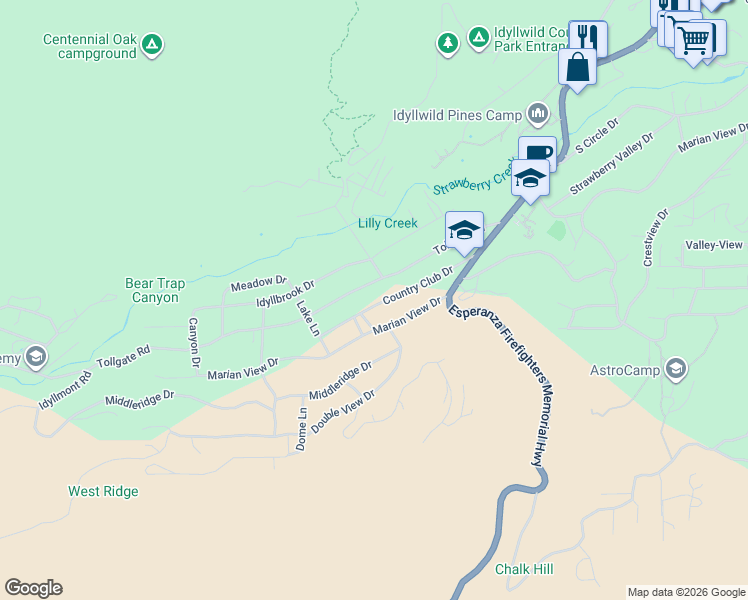 map of restaurants, bars, coffee shops, grocery stores, and more near 53560 Country Club Drive in Idyllwild-Pine Cove