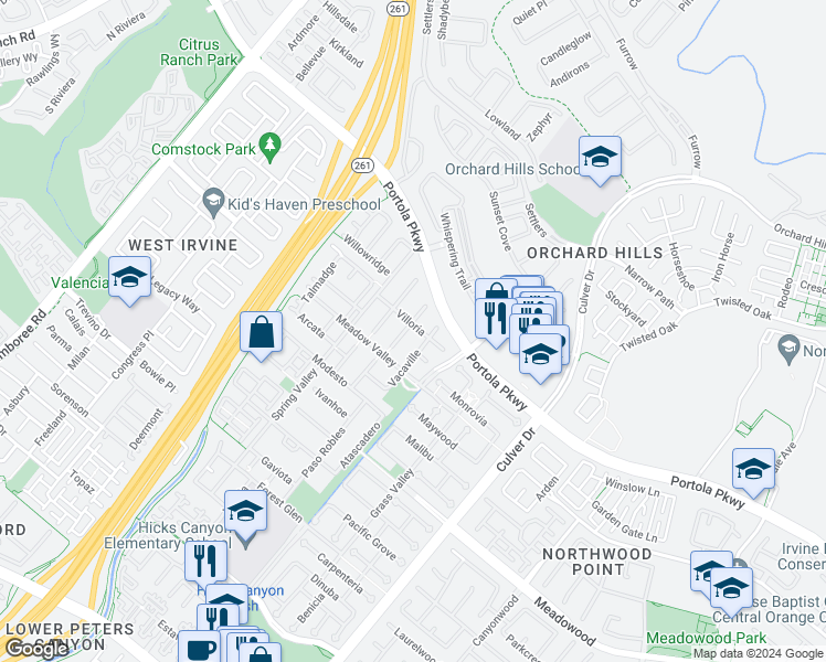 map of restaurants, bars, coffee shops, grocery stores, and more near 16 Oroville in Irvine
