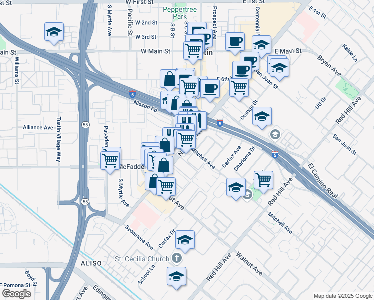 map of restaurants, bars, coffee shops, grocery stores, and more near 14244 Newport Avenue in Tustin