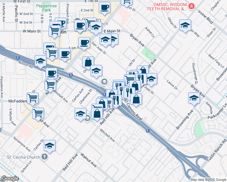 map of restaurants, bars, coffee shops, grocery stores, and more near 106 El Camino Real in Tustin