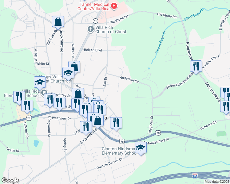 map of restaurants, bars, coffee shops, grocery stores, and more near 137 Pin Oak Trail in Villa Rica