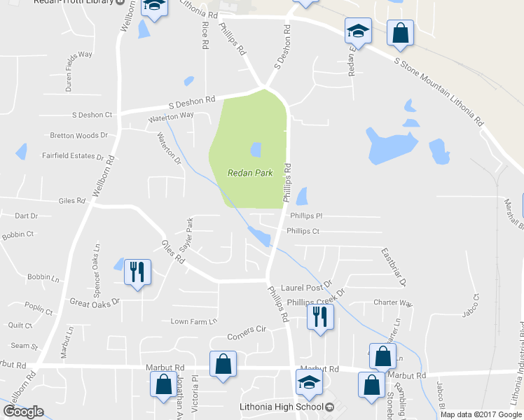map of restaurants, bars, coffee shops, grocery stores, and more near 6258 Phillips Lake Court in Lithonia