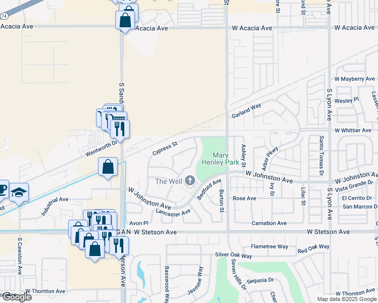 map of restaurants, bars, coffee shops, grocery stores, and more near 2783 Kingsbury Avenue in Hemet