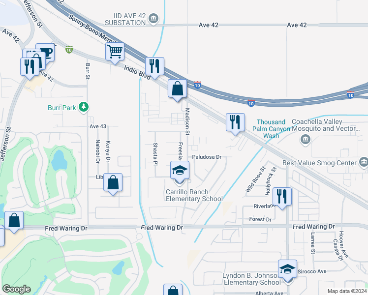 map of restaurants, bars, coffee shops, grocery stores, and more near 43244 Freesia Place in Indio