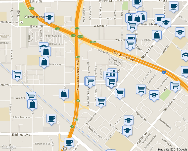 map of restaurants, bars, coffee shops, grocery stores, and more near 15711 S Myrtle Ave in Tustin