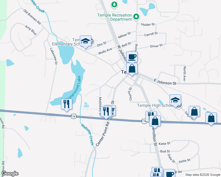 map of restaurants, bars, coffee shops, grocery stores, and more near 1903 Schoolhouse Lane in Temple