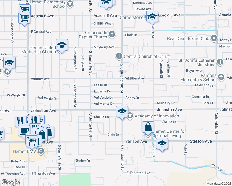 map of restaurants, bars, coffee shops, grocery stores, and more near 1253 Lucerne Drive in Hemet
