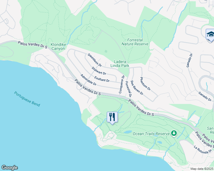 map of restaurants, bars, coffee shops, grocery stores, and more near 4005 Admirable Drive in Rancho Palos Verdes