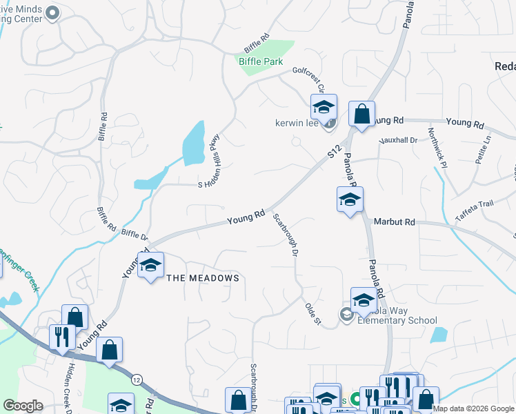 map of restaurants, bars, coffee shops, grocery stores, and more near 2365 Young Road in Stone Mountain