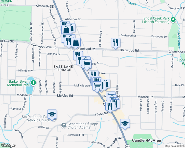 map of restaurants, bars, coffee shops, grocery stores, and more near 2565 Northview Avenue in Decatur