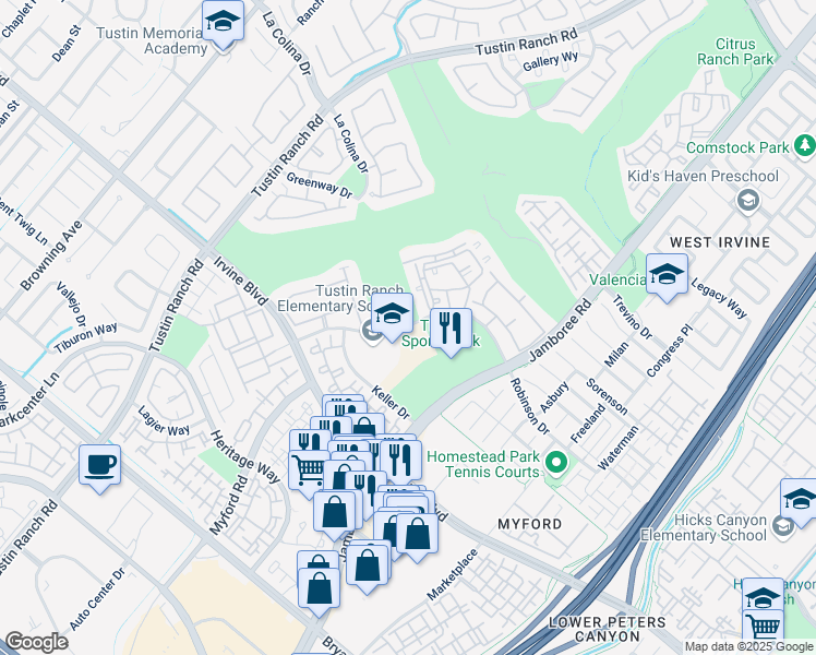 map of restaurants, bars, coffee shops, grocery stores, and more near 155 Robinson Drive in Tustin