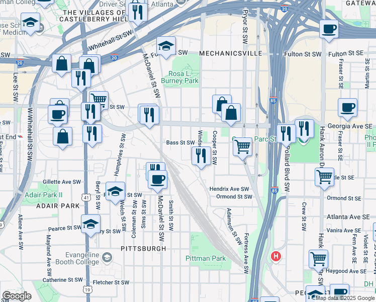 map of restaurants, bars, coffee shops, grocery stores, and more near 727 Garibaldi Street Southwest in Atlanta
