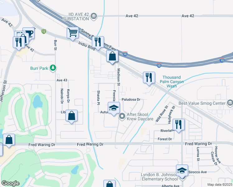 map of restaurants, bars, coffee shops, grocery stores, and more near 43244 Freesia Place in Indio