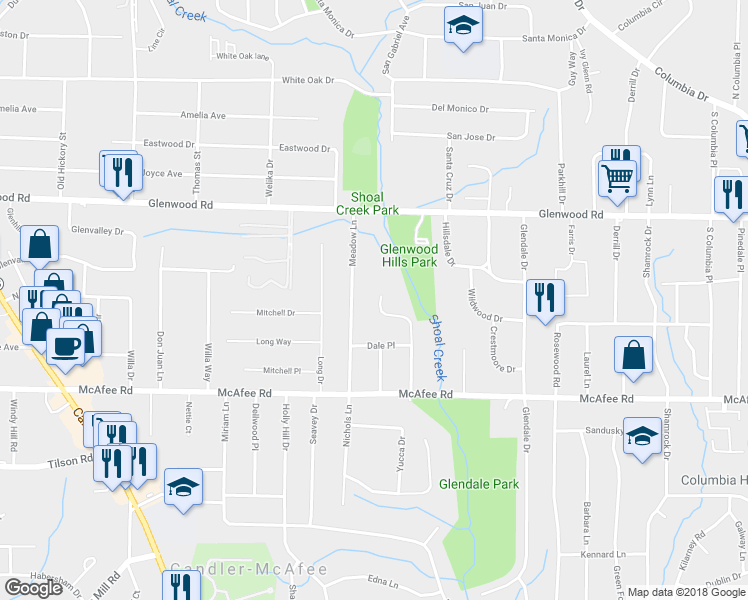 map of restaurants, bars, coffee shops, grocery stores, and more near 1887 Creekside Court in Decatur