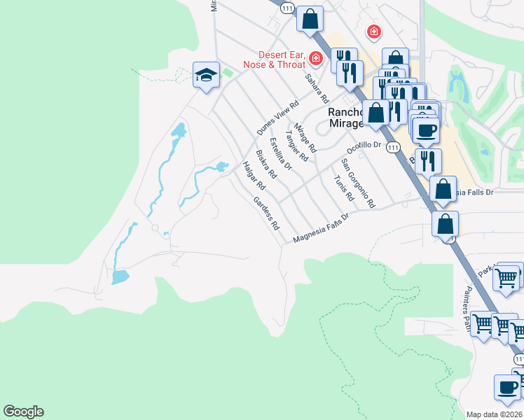 map of restaurants, bars, coffee shops, grocery stores, and more near 71481 Gardess Road in Rancho Mirage