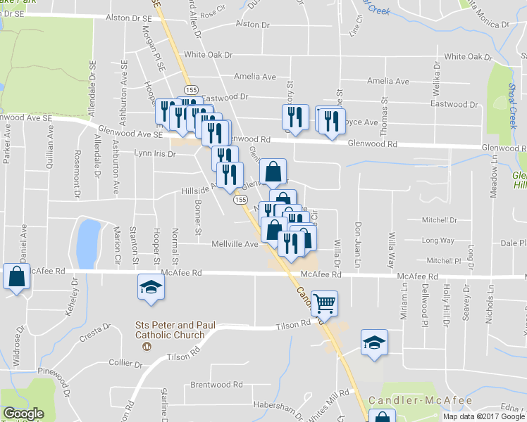 map of restaurants, bars, coffee shops, grocery stores, and more near 2565 Northview Avenue in Decatur