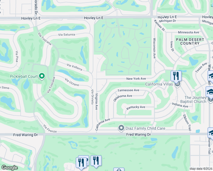 map of restaurants, bars, coffee shops, grocery stores, and more near 43220 Alabama Street in Palm Desert