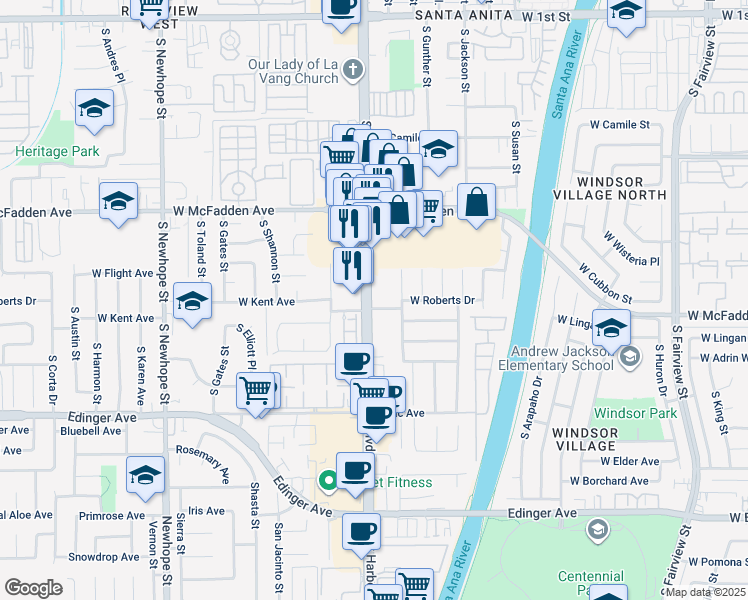 map of restaurants, bars, coffee shops, grocery stores, and more near 905 South Harbor Boulevard in Santa Ana
