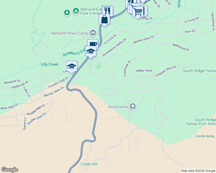 map of restaurants, bars, coffee shops, grocery stores, and more near 54090 Linger Lane in Idyllwild-Pine Cove