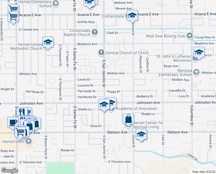 map of restaurants, bars, coffee shops, grocery stores, and more near 1327 Lucerne Drive in Hemet