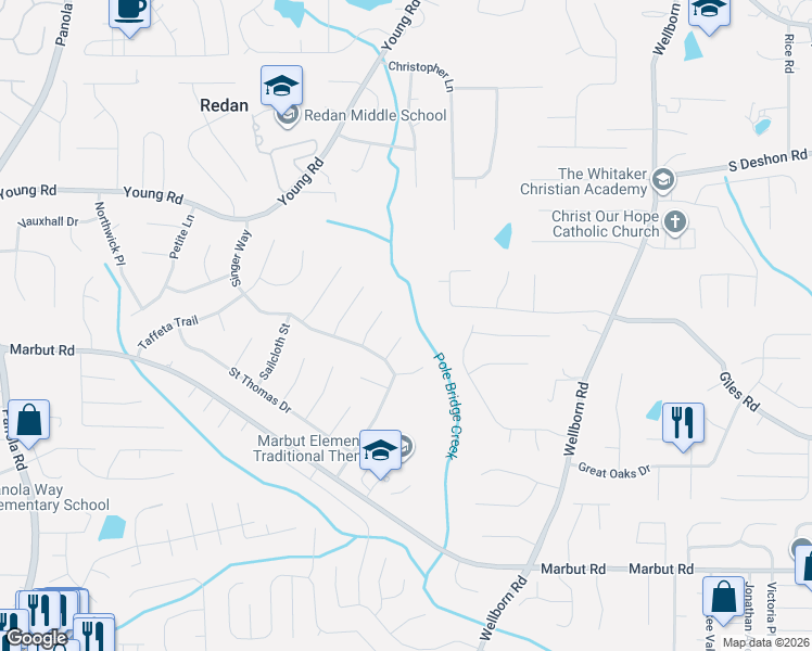 map of restaurants, bars, coffee shops, grocery stores, and more near 1888 Madras Court in Lithonia