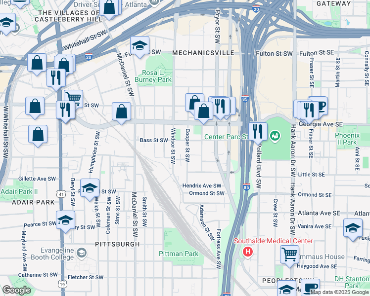 map of restaurants, bars, coffee shops, grocery stores, and more near 723 Cooper Street Southwest in Atlanta