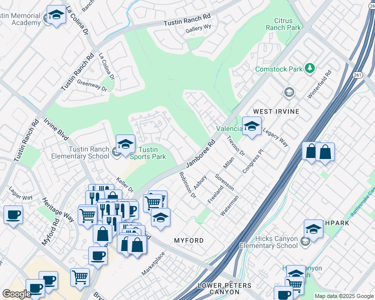 map of restaurants, bars, coffee shops, grocery stores, and more near 2948 Player Lane in Tustin