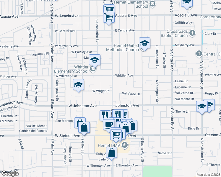 map of restaurants, bars, coffee shops, grocery stores, and more near 765 County Road R3 in Hemet